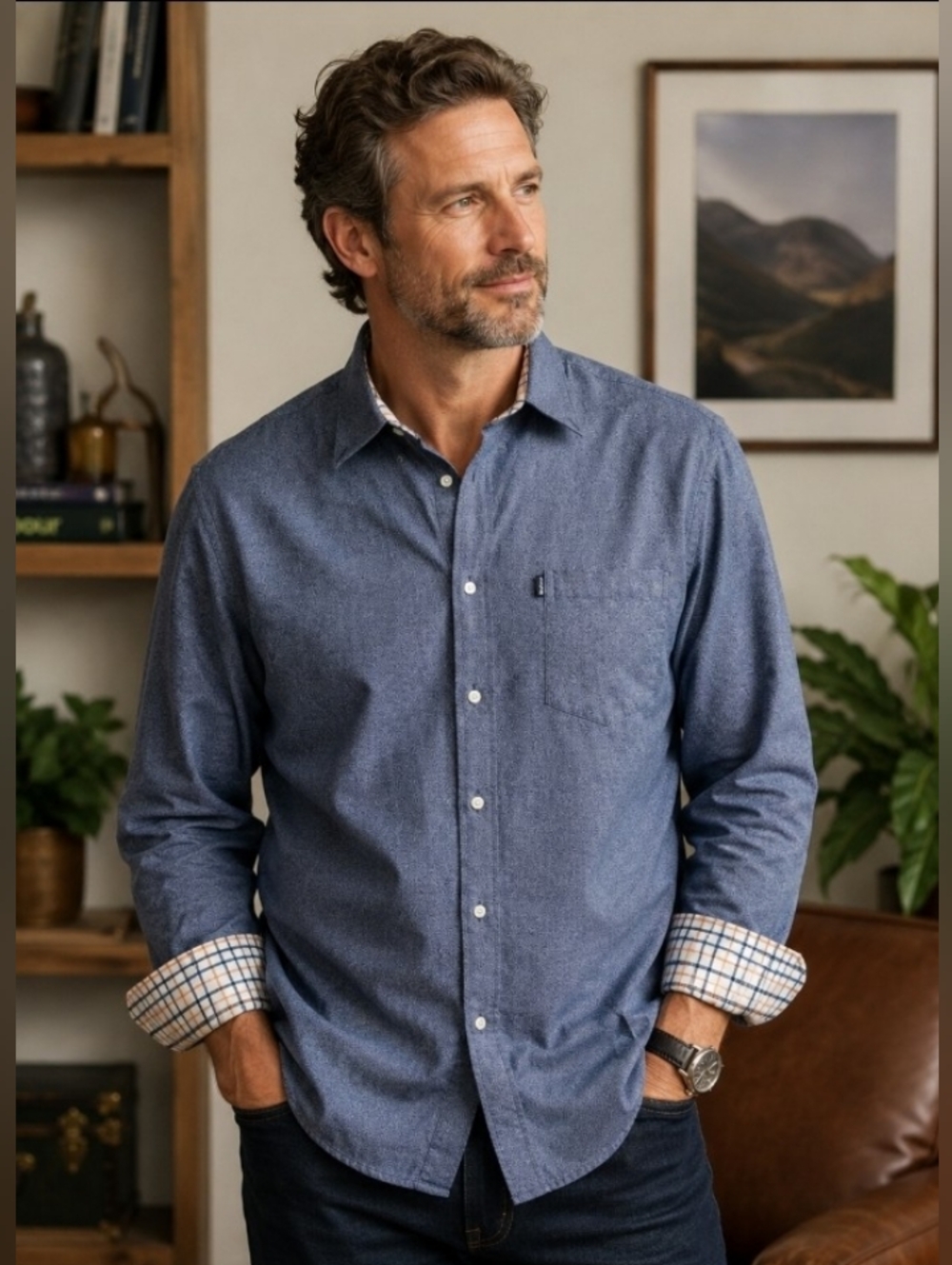 Barbour Tailored Fit Blue Button Front Shirt Plaid Trim Cotton Long Sleeve XL